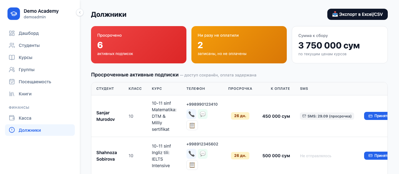 Экран «Должники» с автоматическим статусом SMS-напоминания