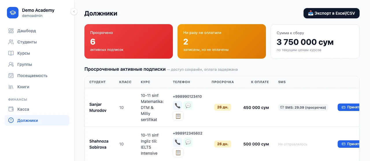 e-Lesson debtors page with demo data: overdue payments, amount to collect, SMS reminder status