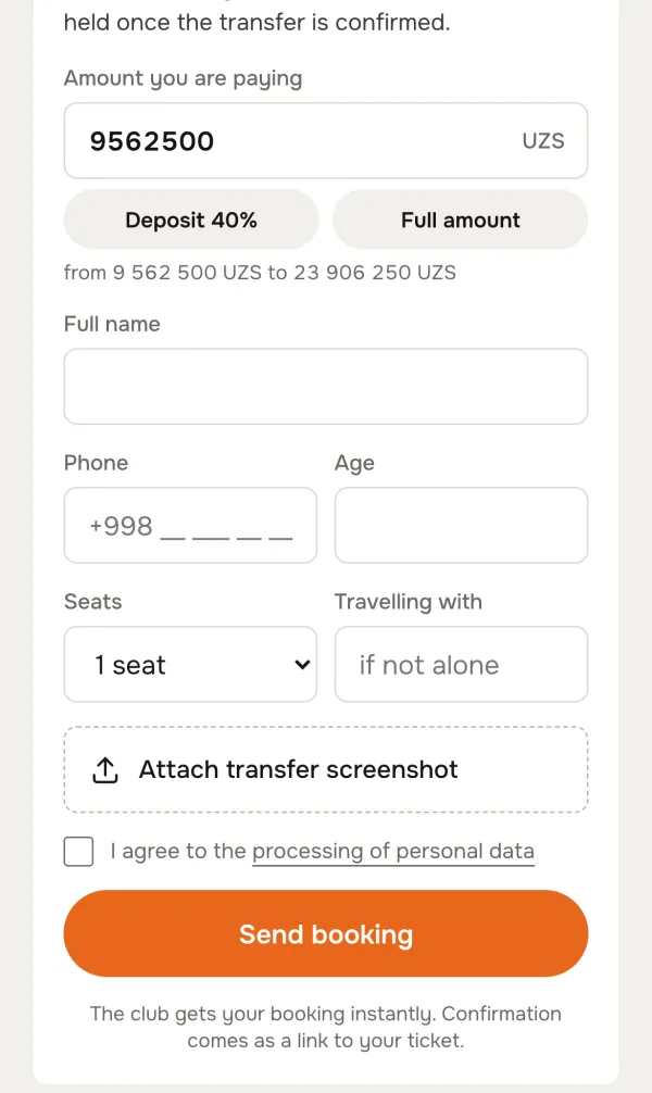 The same booking form on a phone