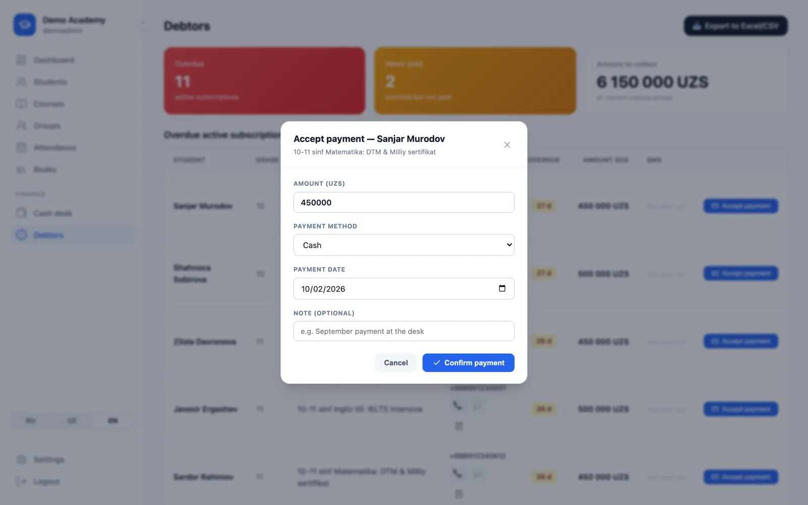 Accept payment dialog: amount, payment method, date and note