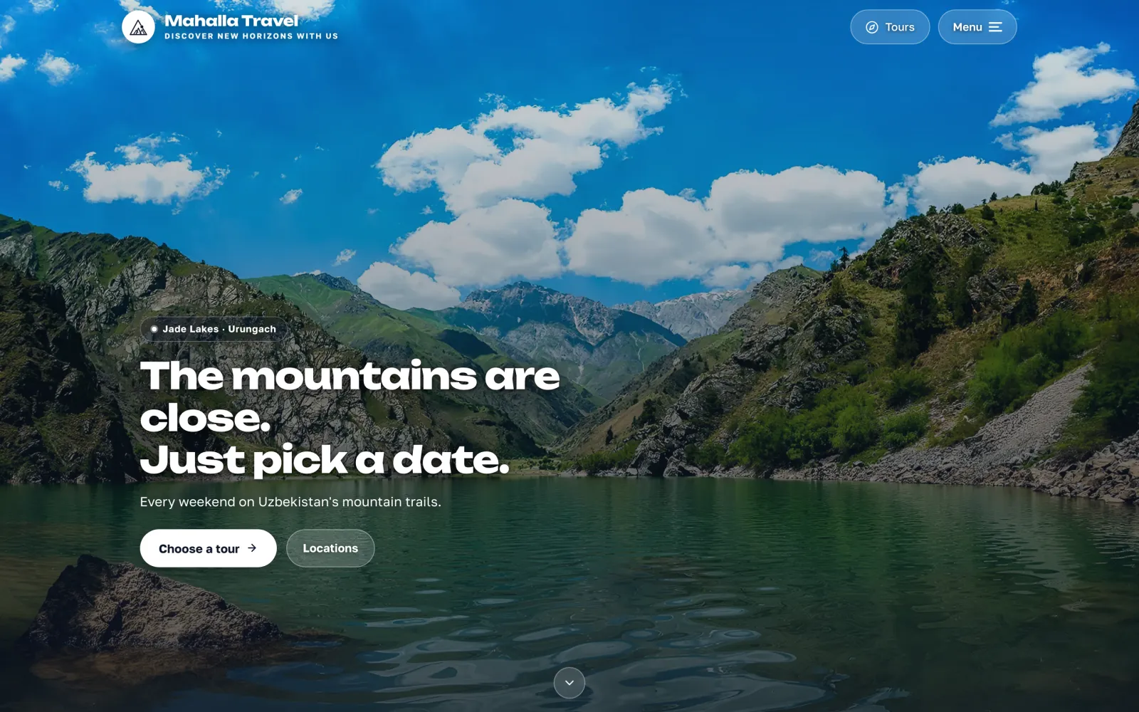 Mahalla Travel home page: mountain lake and the headline “The mountains are close. Just pick a date.”